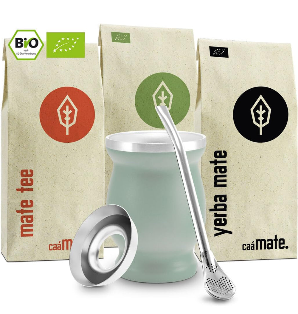 Service à thé Mate Bio ● 3 assortiments de Mate + Mug Mate en acier inoxydable à double paroi + Bombilla + Instructions de préparation (Noir)