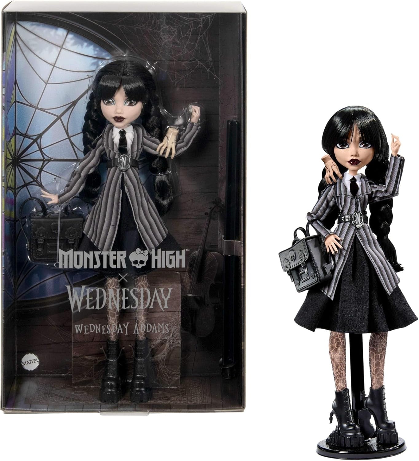 Poupée Monster High Wednesday et accessoires Figurine de collection Wednesday Addams en uniforme Nevermore Academy avec main glacée et support de sac à dos HXJ04 Naty Shop Dolls [Multicolore]