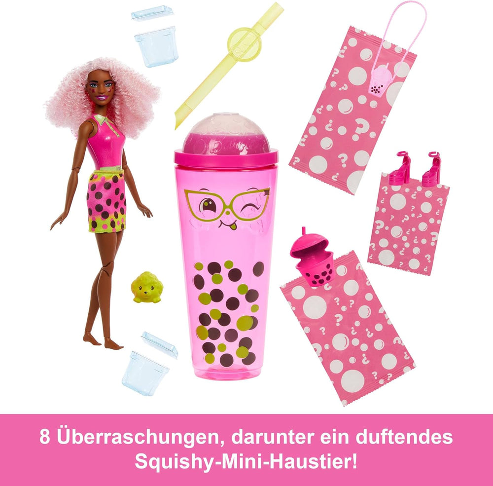 Barbie Pop Reveal Poupée Bubble Tea et accessoires, poupée mannequin parfumée Berry Bliss avec animal de compagnie, 8 surprises, avec changeur de couleur, tasse de rangement, HTJ20