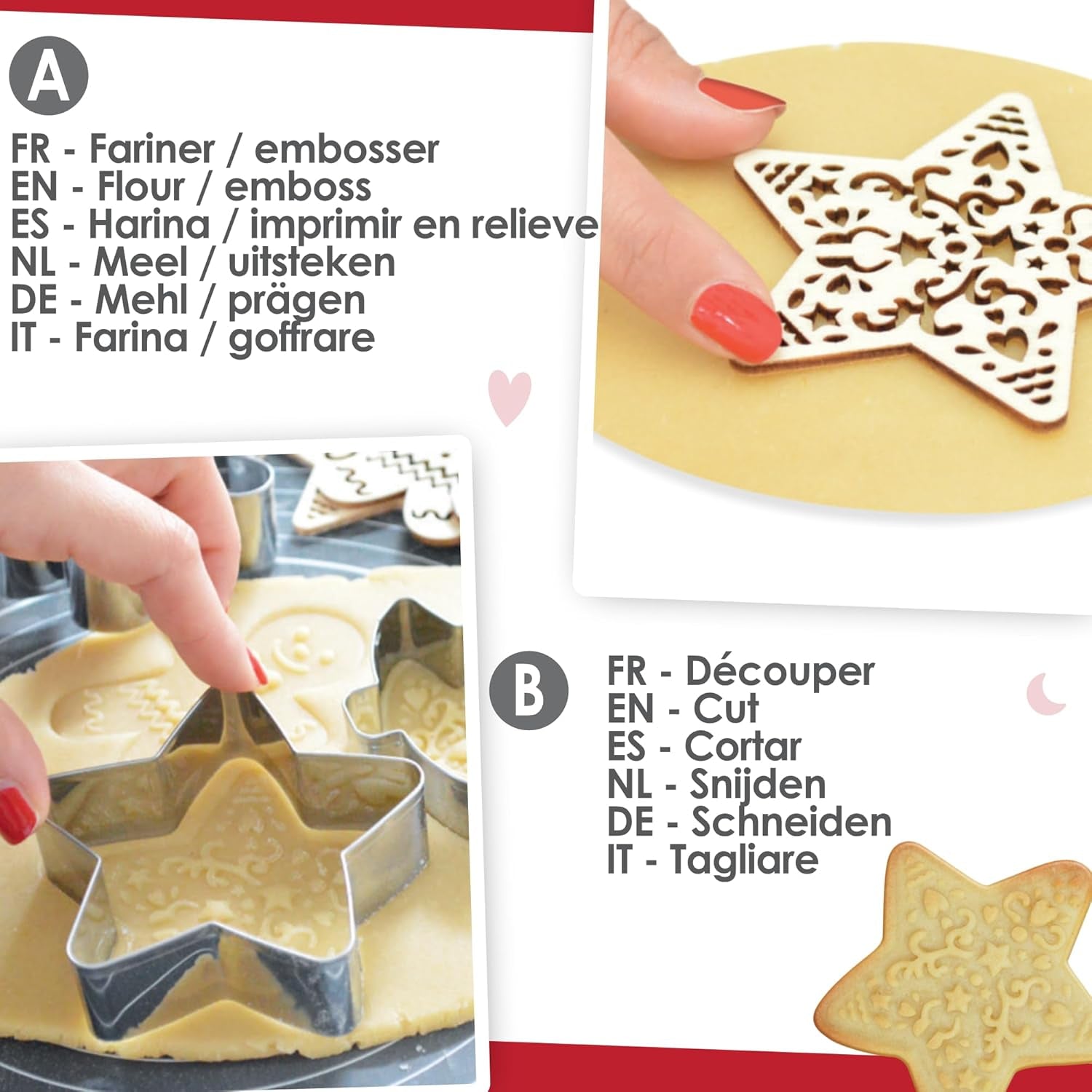 SCRAP COOKING 2093 Set de pâtisserie avec coupe-chat en acier inoxydable et gaufrier en bois adapté au contact alimentaire de Noël