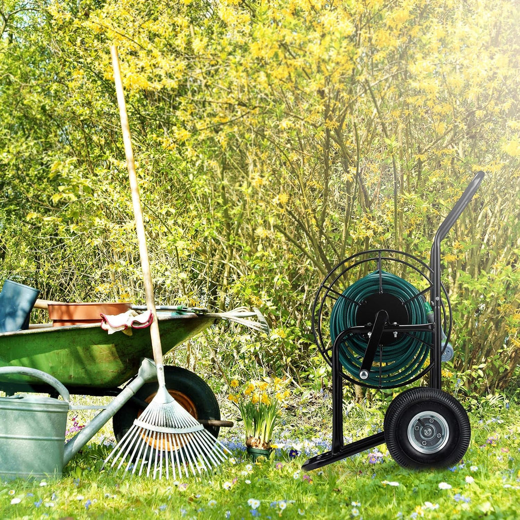 Cărucior furtun Relaxdays, rolă furtun mobilă, racord 1/2" și 3/4", furtun până la 80 m, 2 roți, metal, negru