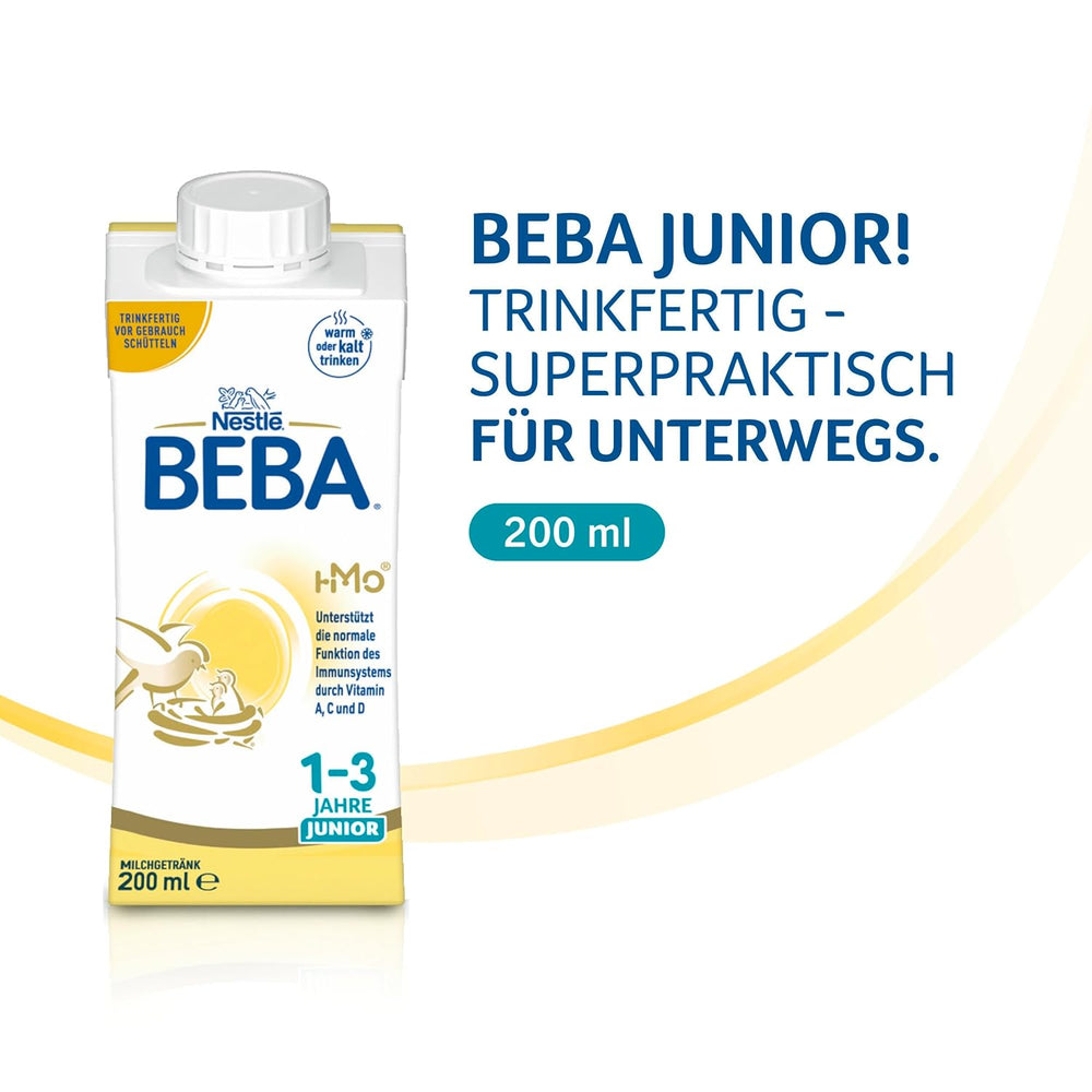 BEBA Junior Boisson lactée prête à boire 1-3 ans, avec HMO, teneur en protéines adaptée à l'âge, sans huile de palme, sans huile de poisson, nourriture pour tout-petits, paquet de 6 (6 x 200 ml)