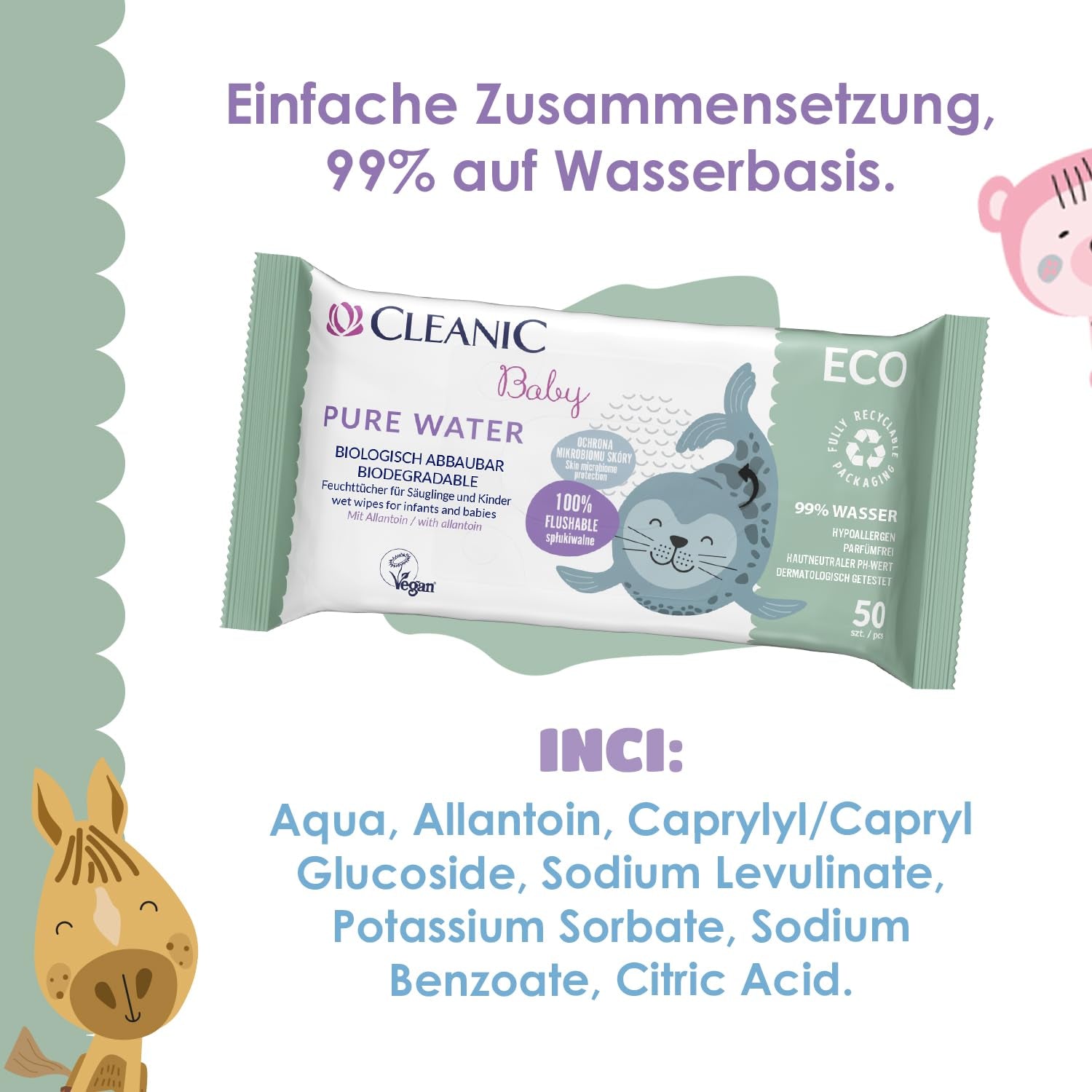 Lingettes humides Cleanic Baby Eco Pure Water – (1 x 50 pcs.) Lingettes humides pour enfants et nourrissons – sans parfum, jetables dans les toilettes, peaux sensibles – 50 pcs.