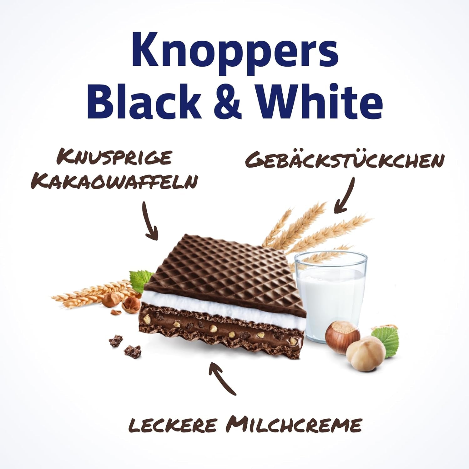 Knoppers Blancs et Noirs – 8 x 25g – Tranches de gaufrettes fourrées de gaufrettes au cacao noir, morceaux de biscuits noirs, lait et crème de nougat