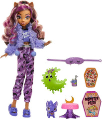 MONSTER HIGH Puppe und Sleepover Zubehör, Clawdeen Wolf Puppe mit Pet Cat Crescent, Creepover Party, HKY67