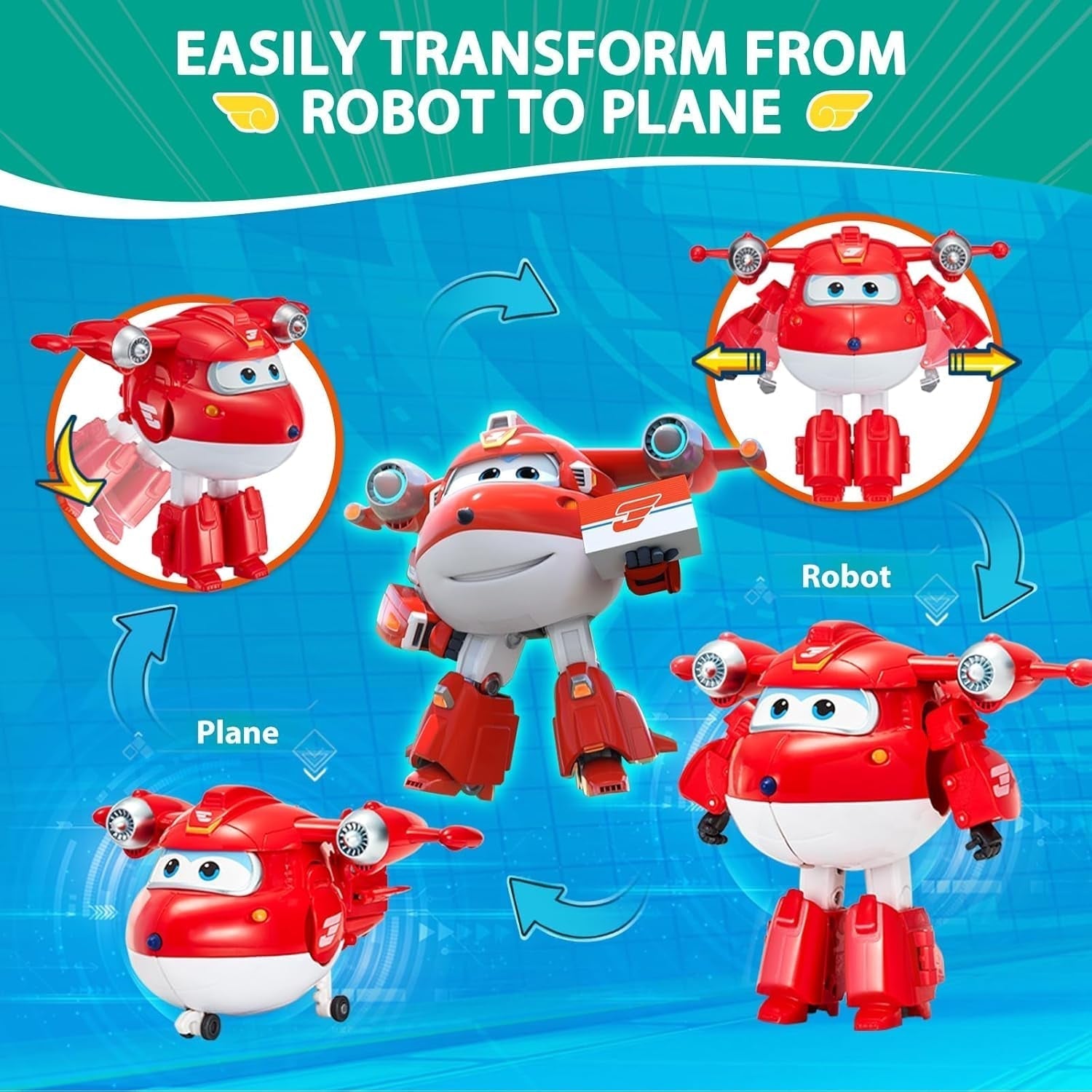 Super Wings 5" Transforming Characters 2-Pack Transforming Supercharged Jett + Tino, jucărie Transformer pentru băieți și fete de peste 3 ani, roșu Action figures Naty Shop