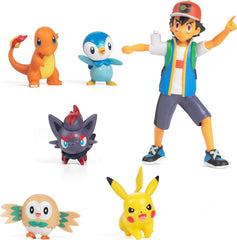 Prêt pour le combat Pokémon ! Ensemble de figurines 6 pièces - 11,4 cm Ash & Launching Pikachu, 5,1 cm Charmander, Rowlet, Tiplup, Zorua - Licence officielle - Cadeau de Pâques pour enfants, garçons et filles Figurines Naty Shop