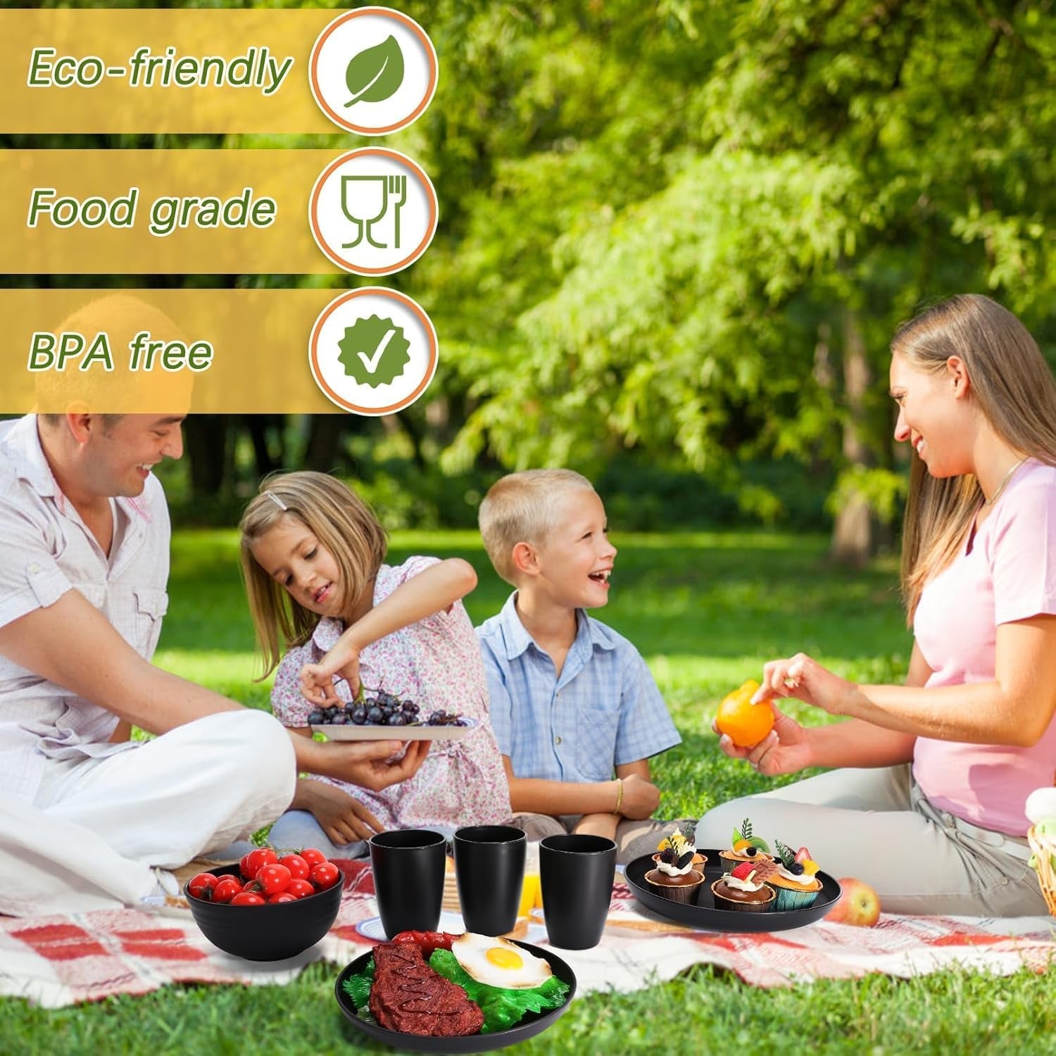 Vaisselle de camping Ensemble de vaisselle en plastique réutilisable léger de 32 pièces pour 8 personnes comprenant des bols, des assiettes, des tasses, une vaisselle de pique-nique incassable en plastique écologique