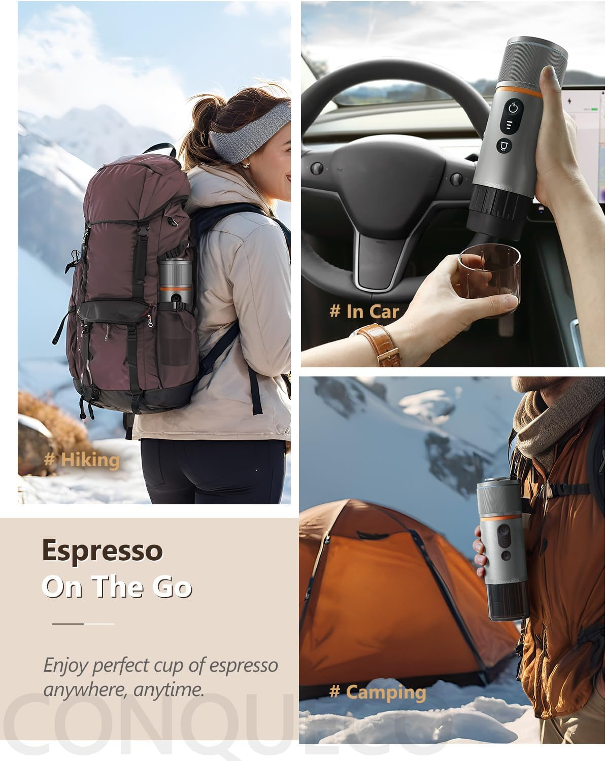 Machine à expresso de voiture CONQUECO 12 V : machine à expresso portable avec batterie pour le camping et les voyages – Chauffage rapide en 2,5 minutes – 8 tasses à expresso en une seule charge