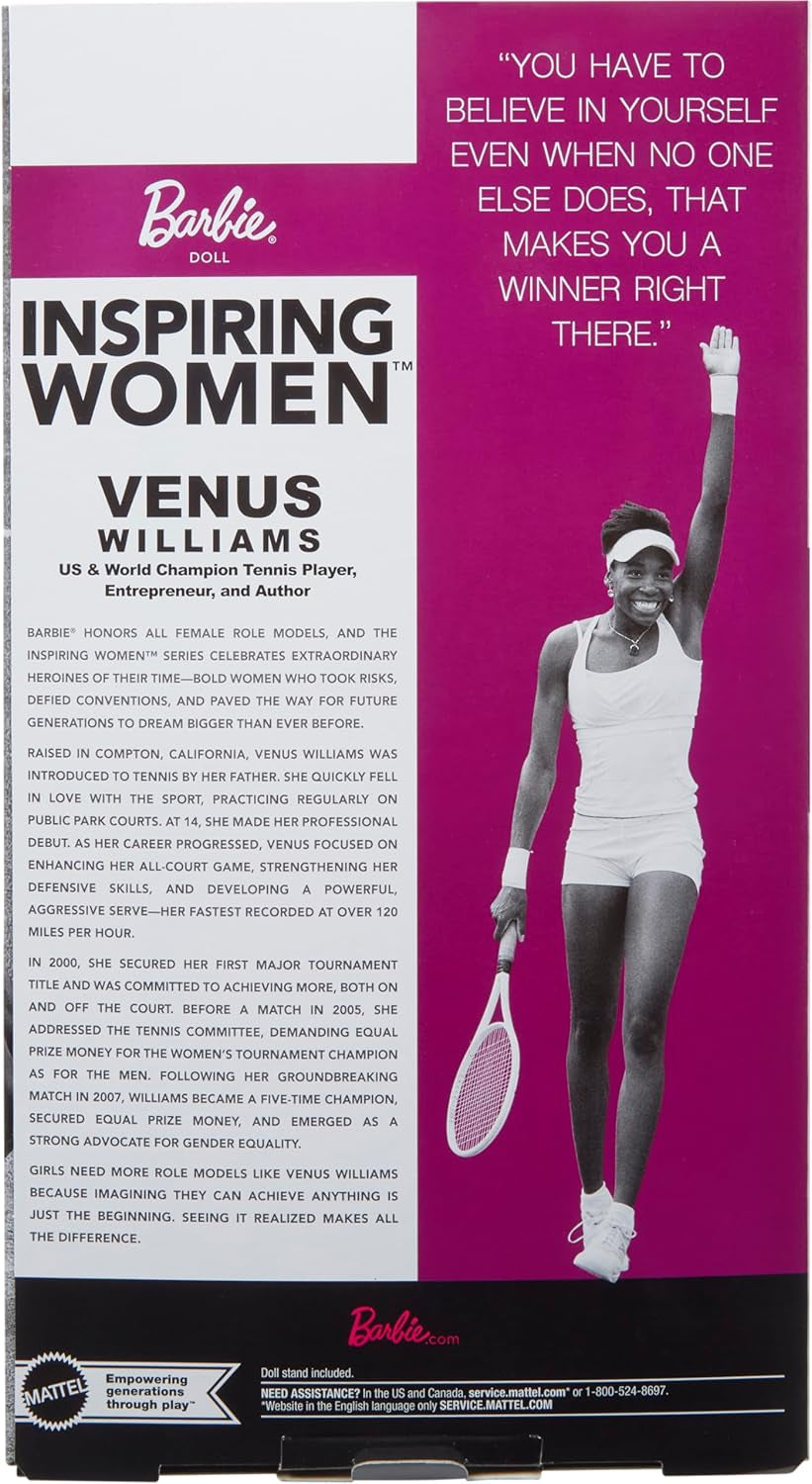 Barbie Inspiring Women Series Venus Williams Poupée mannequin avec uniforme signé et raquette de tennis avec boîte de présentation HRM49