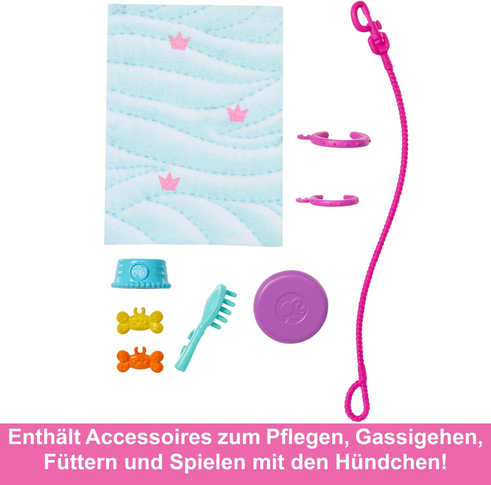 Barbie Hundeduo Puppe und Zubehör, inklusive Hündchen und großem Hund mit Rollstuhl, Leine, Fressnapf, Tierbett und Knochenleckerlis, für Kinder ab 3 Jahren, HTK37