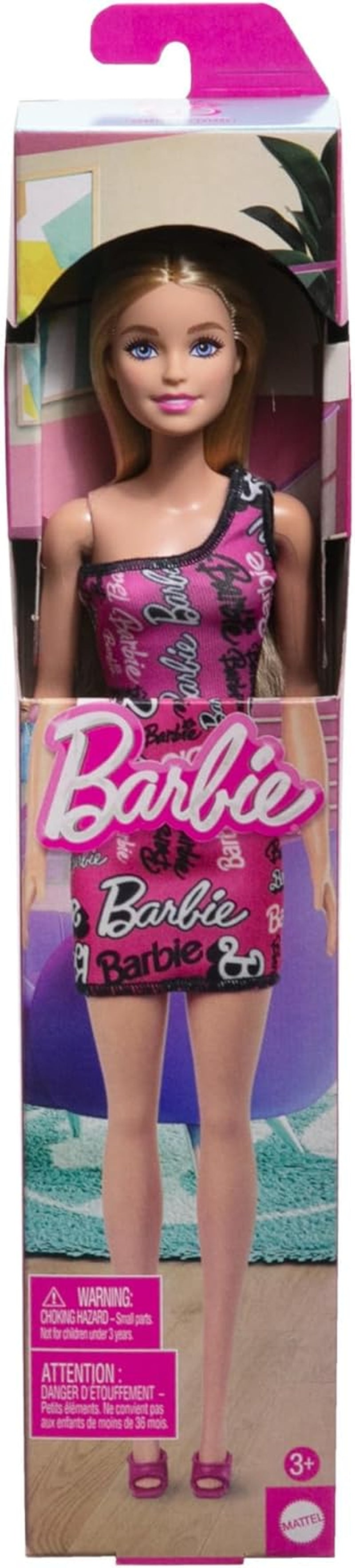 Poupée Barbie à la mode avec des cheveux blonds raides, vêtue d'une robe rose à une épaule amovible et de chaussures avec logo imprimé, HRH07