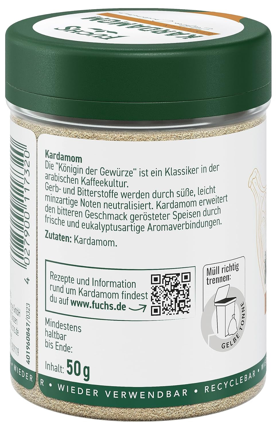 Fuchs Gewürze - Kardamom gemahlen - Gewürz für Glühwein oder Fleischgerichte wie Roastbeef oder Schweinebraten - ingrédients naturels - 50 g dans une dose wiederverwendbarer, recyclebarer