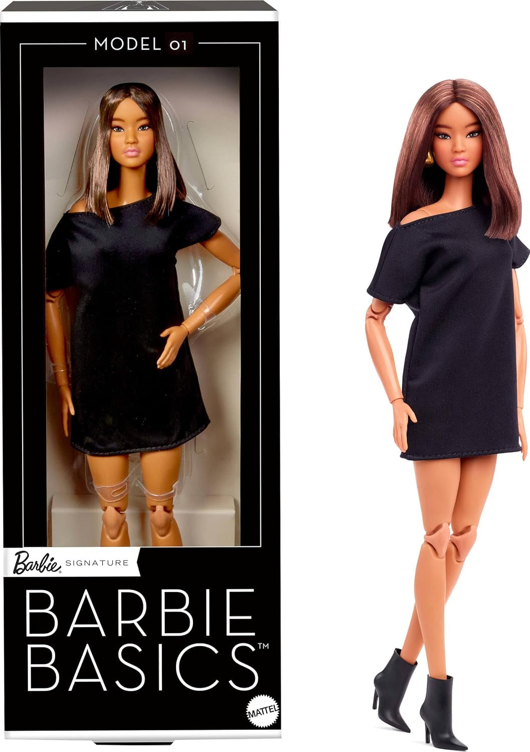 Barbie Basics Modèle 1 Poupée de collection avec cheveux bruns, mini robe et chaussures noires, taille unique, corps articulé tendance et tête interchangeable JBH72