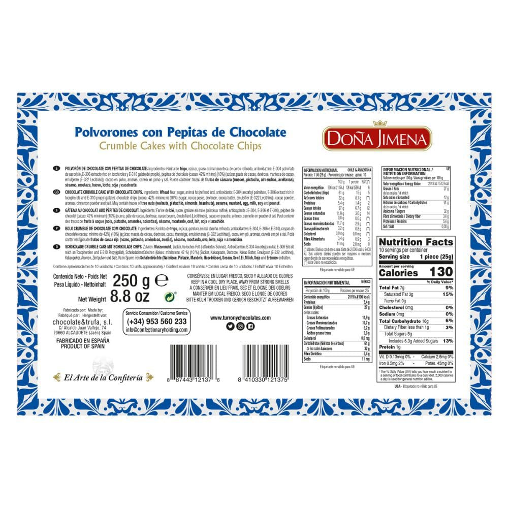 – Polvorones de ciocolată cu bucăți de ciocolată, cea mai înaltă calitate, biscuiți tipici de Crăciun, rețetă artizanală, 250 g (pachet de 2)