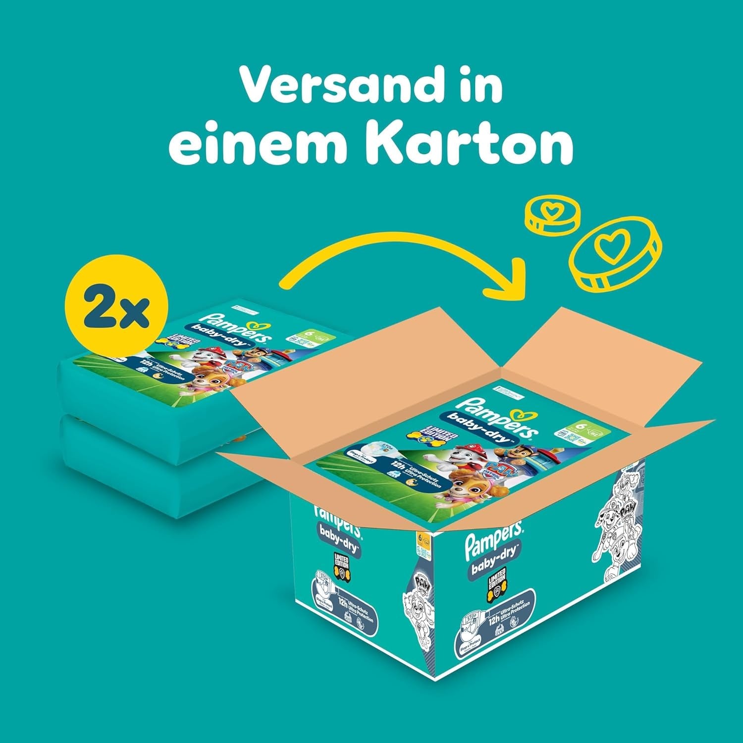 Couches Pampers Baby-Dry Puppy Patrol Edition, taille 6, 164 couches, 13 kg - 18 kg, protection contre les fuites jusqu'à 100 % et confort toute la nuit