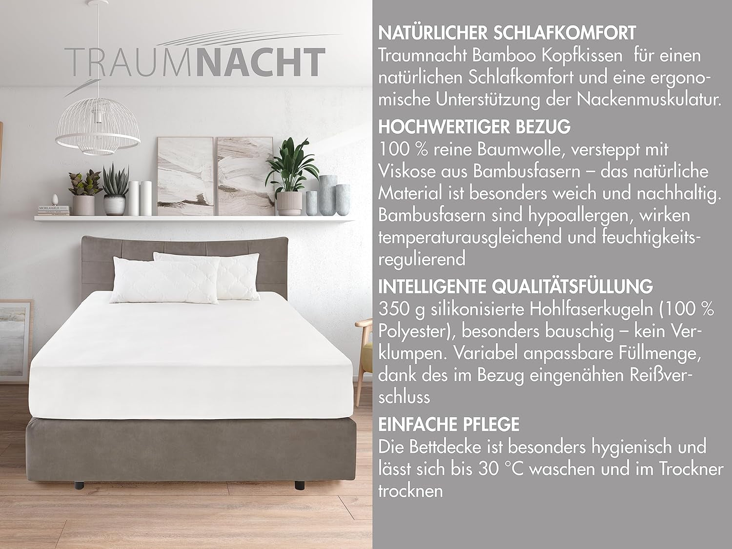 Oreiller Traumnacht en bambou avec fibres de bambou, hypoallergénique, antibactérien Ensemble d'oreillers avec fermeture éclair, composé de 2 oreillers 40X80Cm, certifié Oeko-Tex, développé en Allemagne Oreillers standards Naty Shop