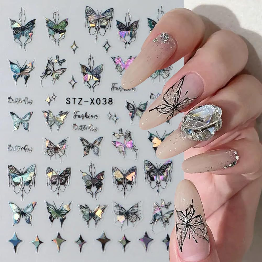 3D Metallic Schwarz Schmetterling Nagelsticker - Laser Pink Aurora Nagelaufkleber - Punk Butterfly Nail Art Stickers - Silver Nail Sticker - Nageldesign Zubehör