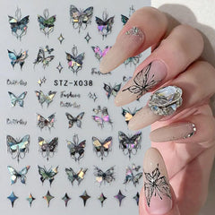 3D Metallic Schwarz Schmetterling Nagelsticker - Laser Pink Aurora Nagelaufkleber - Punk Butterfly Nail Art Stickers - Silver Nail Sticker - Nageldesign Zubehör