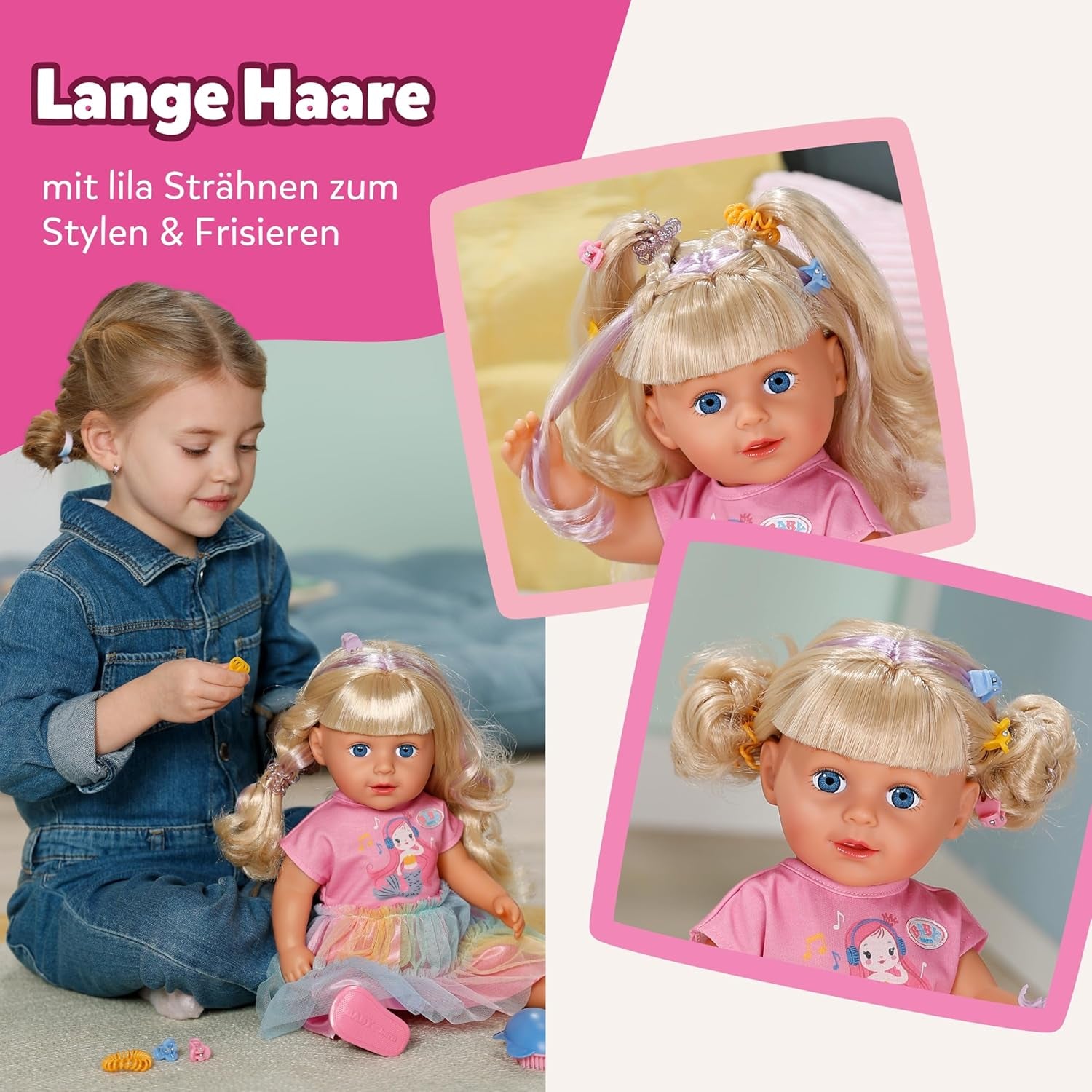 BABY born Carla - poupée de 43 cm - cheveux blonds de haute qualité avec mèches - pas besoin de piles - convient aux enfants à partir de 4 ans - comprend 7 accessoires, rose