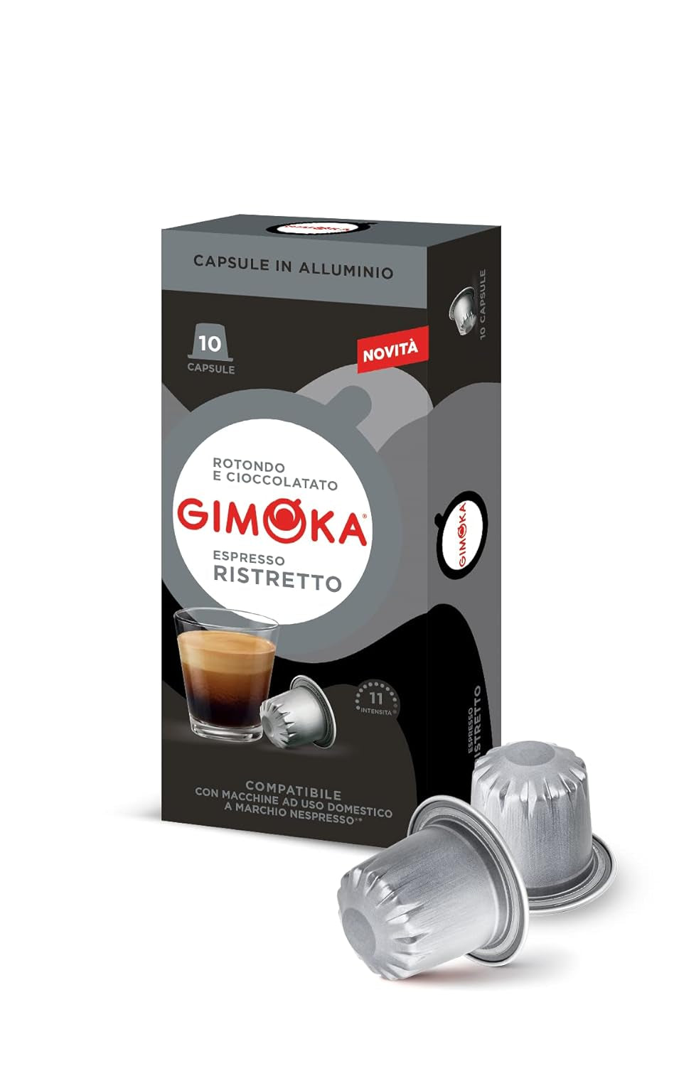 Gimoka Kaffeekapseln Espresso Ristretto, Intensität 11/13-100 Kapsel aus Aluminium - Compatible avec Nespresso* Haushalts-Espressomaschinen - 100 Stück (10 x 10 Getränke) - Hergestellt en Italien