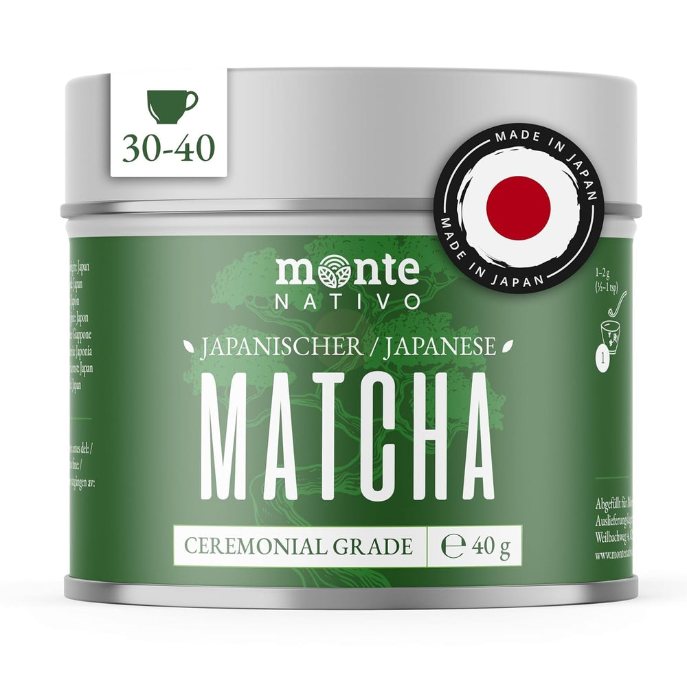 Poudre de matcha de cérémonie Monte Nativo (40 g) - parfaite pour le thé matcha, les lattés et les smoothies - thé vert du Japon - qualité cérémonielle, dans une boîte en métal - 100% pur, sans gluten, finement moulu