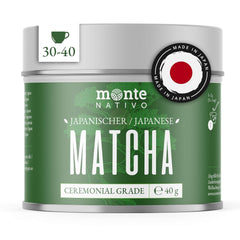 Poudre de matcha de cérémonie Monte Nativo (40 g) - parfaite pour le thé matcha, les lattés et les smoothies - thé vert du Japon - qualité cérémonielle, dans une boîte en métal - 100% pur, sans gluten, finement moulu