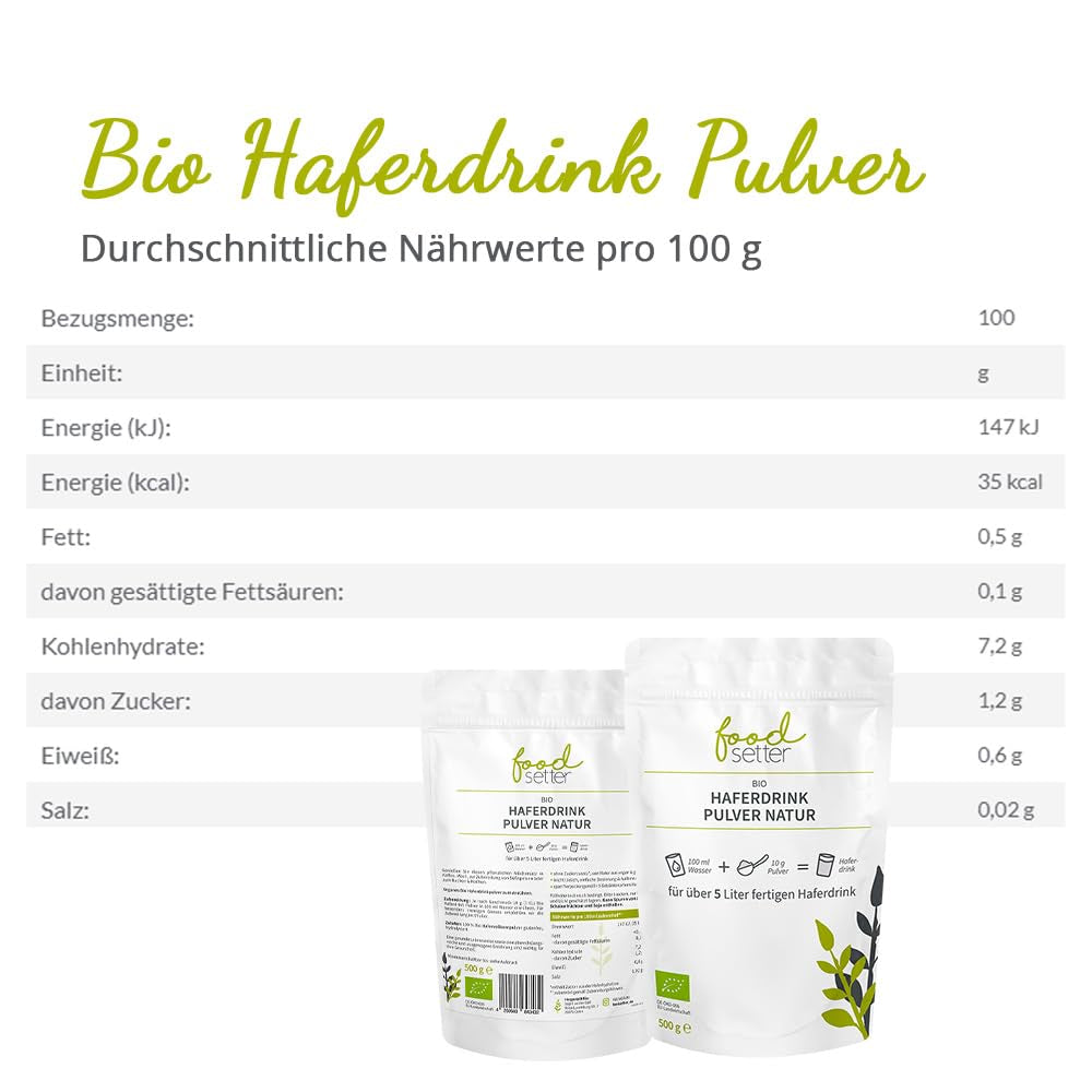 foodsetter Bio Haferdrink Pulver | Sachet de 500g | Poudre de Hafer | Haferpulver instantané | Bio-qualité | Végétalien | Sans gluten | Ohne Zuckerzusatz | 0,5 kg