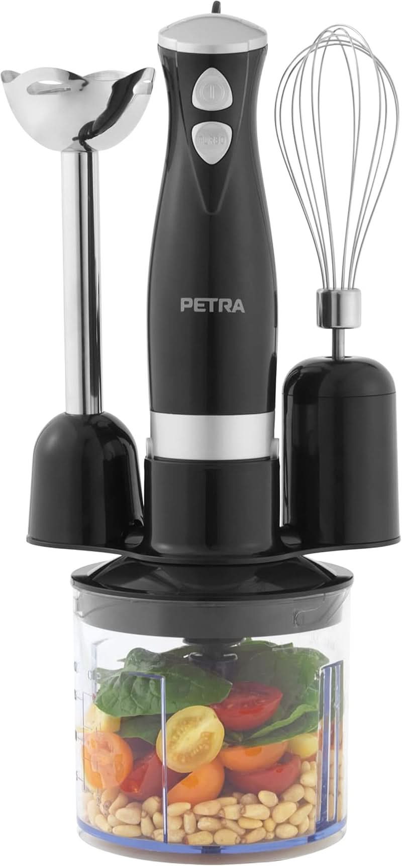 Petra PT2827BMBLKVDE Mélangeur 3-en-1 – Accessoires sans BPA, 500 ml-schüssel, 700 ml-becher, schneebesen, mixen, zerkleinern, 2 geschwindigkeiten, edelstahlklingen, for babynahrung, smoothies, saucen, 350 W Mother and Child Naty Shop 3-in-1 Mixer
