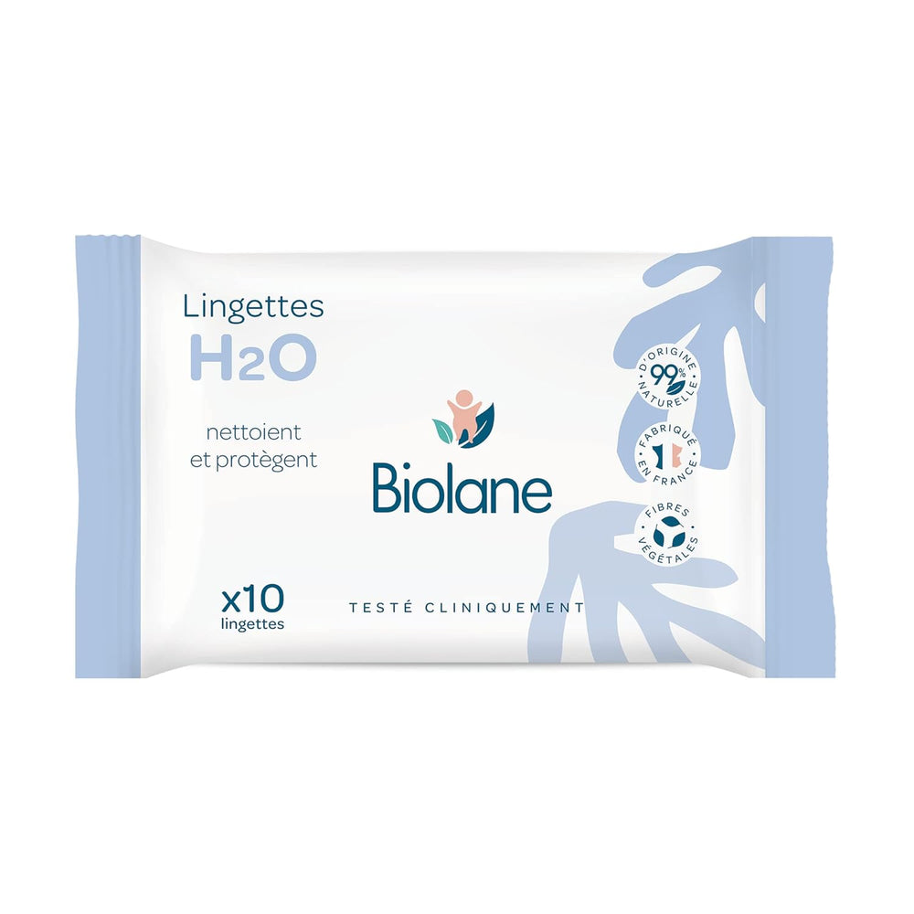 BIOLANE - Lingettes humides bébé H2O à l'eau - Poche - Bébés - 24 x 10 pièces (240 lingettes) - pour peaux sensibles - nettoie et protège visage et siège - fabriquée en France