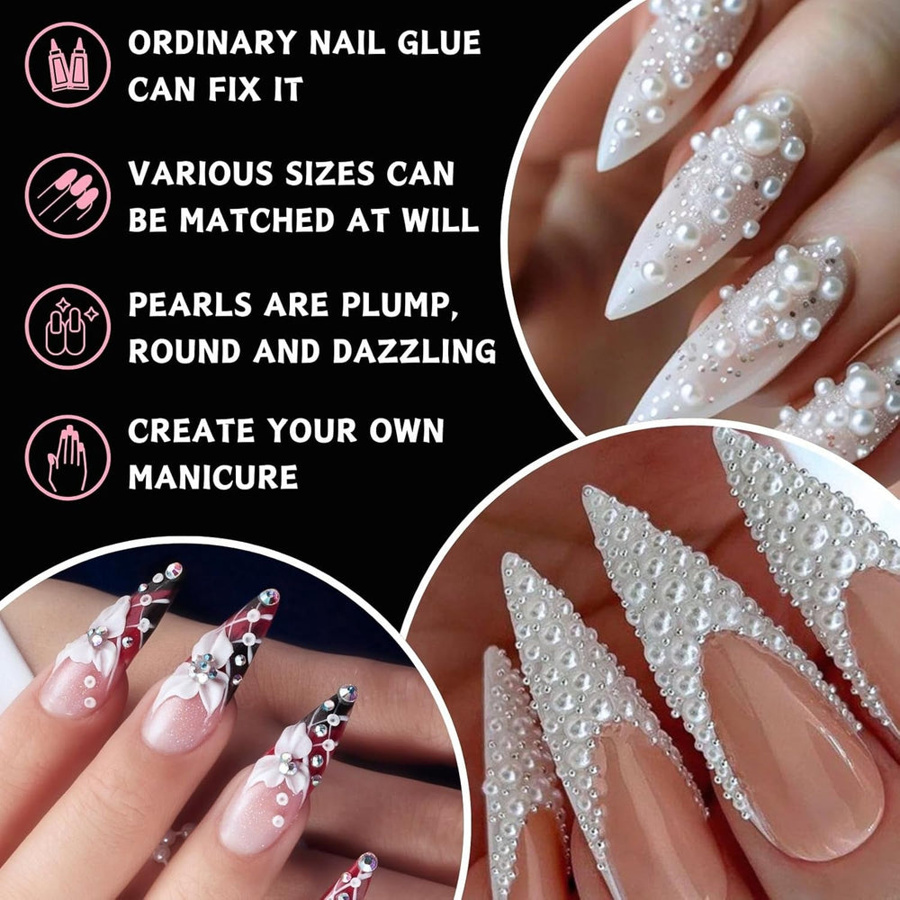 12 Größen Nail Art Perlen, Flache Perlen, Nail Art Accessoires, Halbkreis Nagelperlen, Weiße Nail Charms Und Glitzersteine ​​​​Nägel Für Nail Art Design, DIY Basteln, Alltag, Hochzeit (2 boîtes)