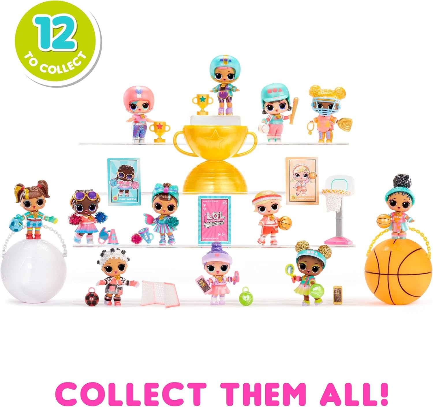 Mdr Surprise ! Collection All-Star Sports Vault Tots – Comprend 1 poupée, un emballage blindé, 12 poupées à collectionner, 8 accessoires de déballage, idéal pour les 4 ans et plus, rose