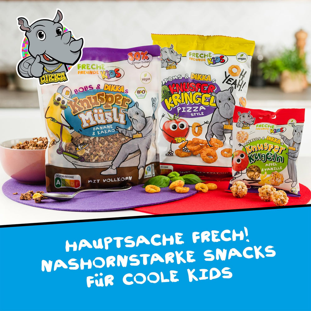 FRECHE FREUNDE KIDS, Bobs & DIKKAs Muesli croquant à la banane et au cacao, Muesli croquant au chocolat pour enfants, faible teneur en sucre, sans additifs, 100 % végétalien, 6 pièces (6 x 280 g)