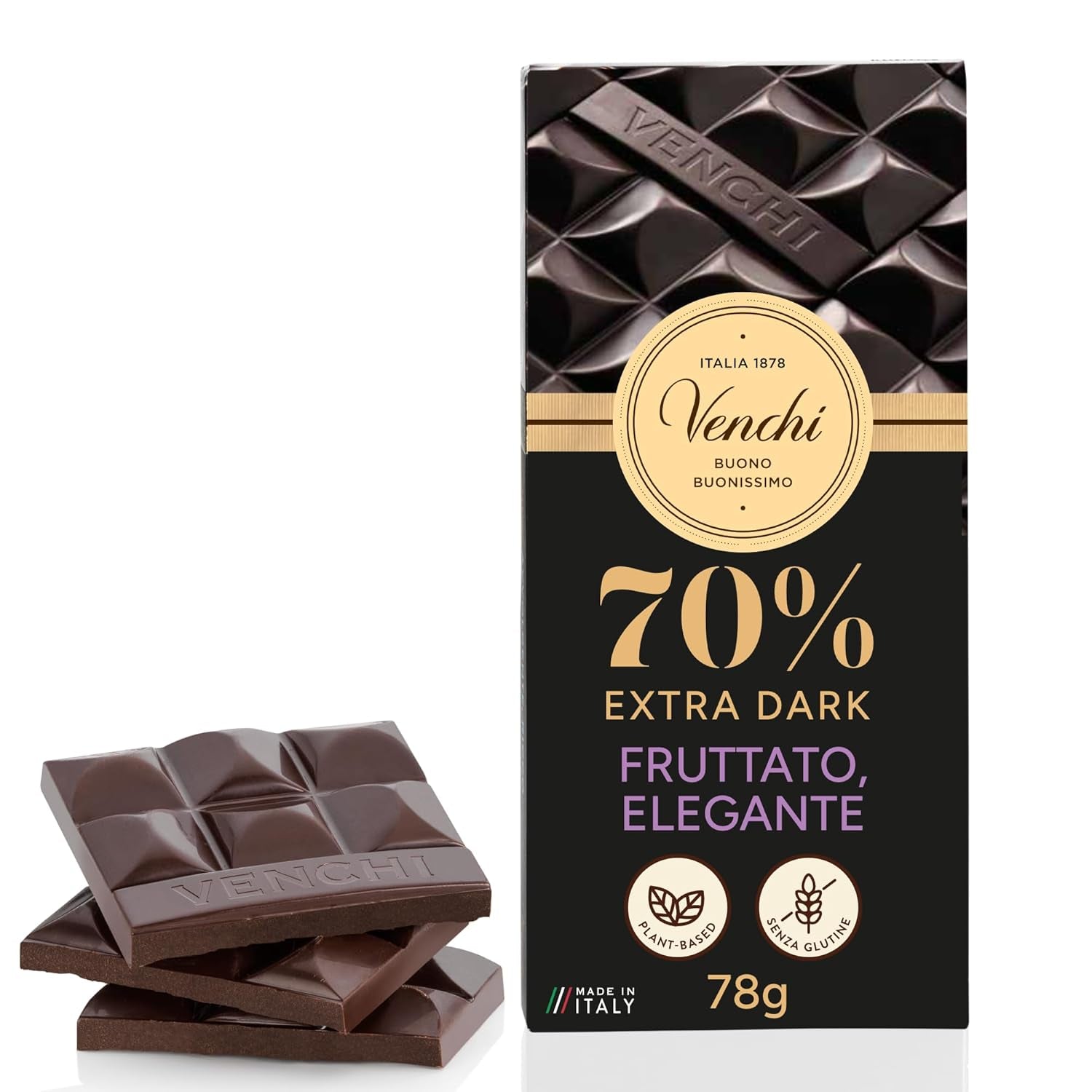 Venchi - Chocolat noir 70%, 78 g - Avec des mélanges de cacao sélectionnés - Sans gluten - Vegan