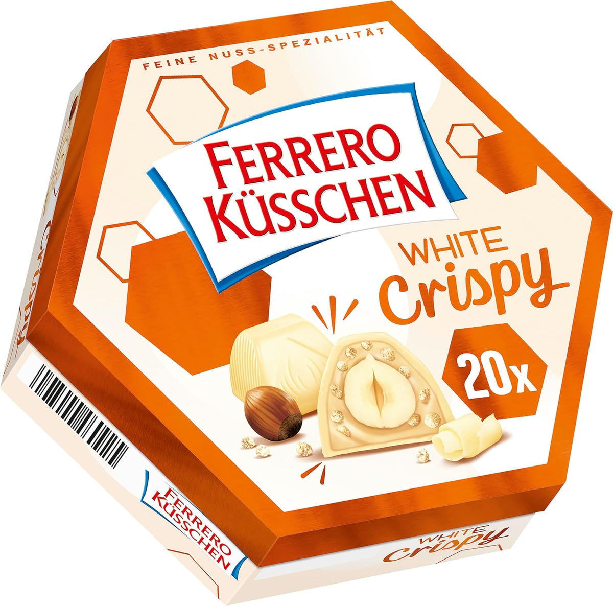 Ferrero Küsschen White Crispy - Cadeau de Saint-Valentin pour elle et lui - Noisettes grillées croustillantes à la crème légère avec éclats croustillants, enrobées de chocolat blanc, 1 paquet de 20 pralines individuelles