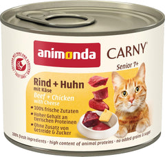 Animonda Carny Senior Nourriture humide pour chats au bœuf + poulet + fromage (6 x 200 g), nourriture humide sans céréales et sans sucre pour chats de 7 ans et plus, avec des ingrédients frais et carnés