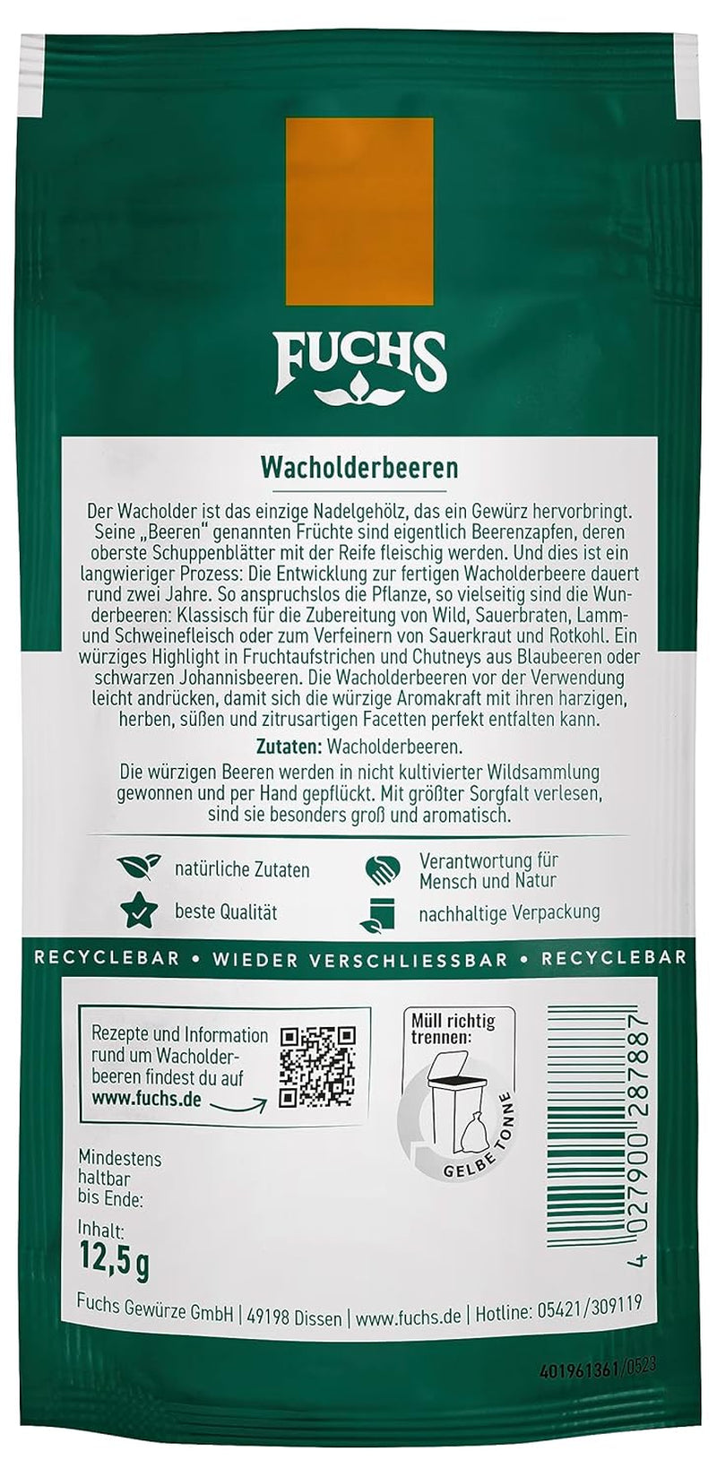 Fuchs Gewürze - Wacholderbeeren im wiederverschließbaren, recyclable Beutel - aus natürliche Ingrédient - 12,5 g