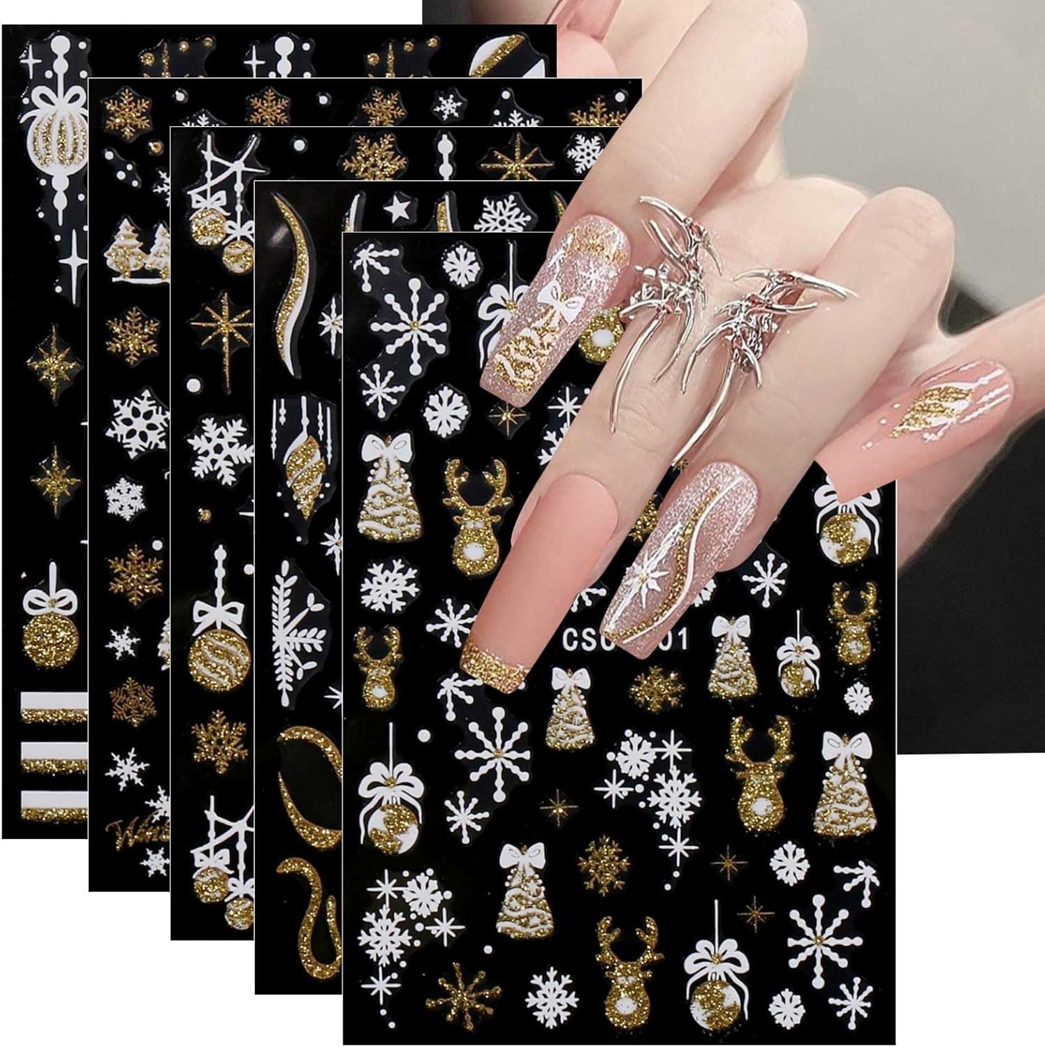 JMEOWIO Nagelsticker Weihnachten Gold Glitter Silber 8 Blatt Nail Art Sticker Selbstklebend Nagelaufkleber Schneeflocke Winterurlaub Dekoration Nageldesign Zubehör