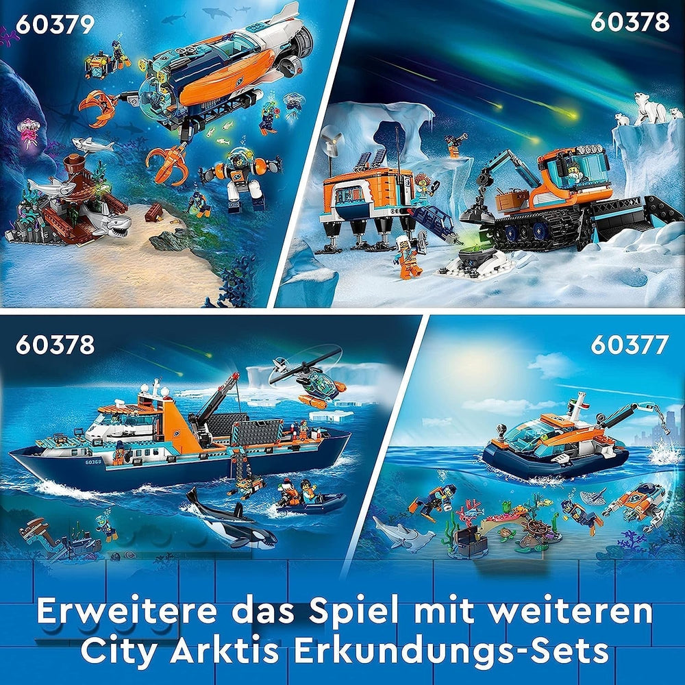 Navire de recherche arctique LEGO City, grand bateau jouet flottant avec hélicoptère, bateau gonflable, sous-marin Rov, épave viking, 7 figurines et figurine d'orque, cadeau pour les enfants à partir de 7 ans 60368 Ensembles de construction Besuche den LEGO-Store