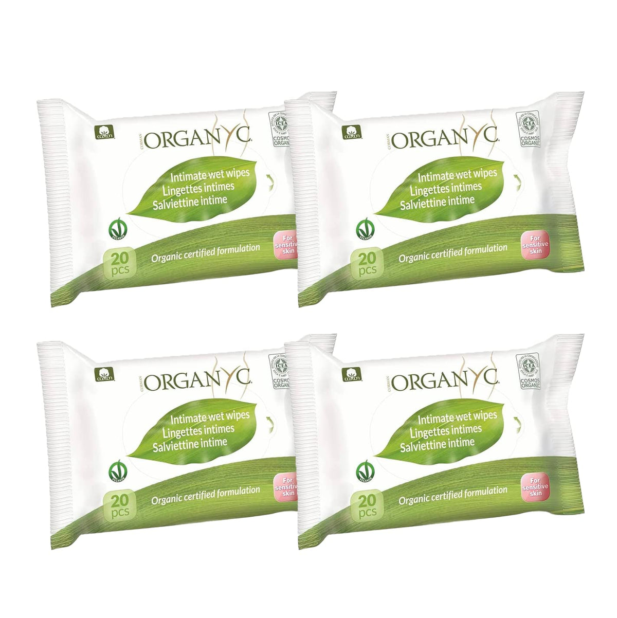Lingettes intimes Organyc Moist, fabriquées à partir de coton biologique certifié à 100 % - 4 paquets de 20 lingettes (80 lingettes au total)
