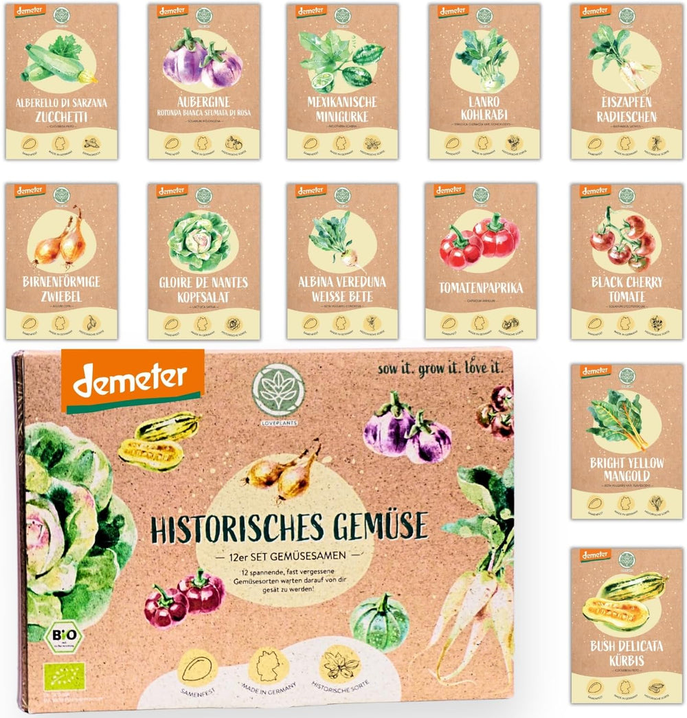 Ensemble de graines de légumes biologiques - 12 variétés de graines de légumes Demeter | Graines de légumes rares et familiales, toutes pollinisées librement | Variétés de légumes familiales pour balcons, plates-bandes surélevées, jardins et cadeaux | Plantes d'amour