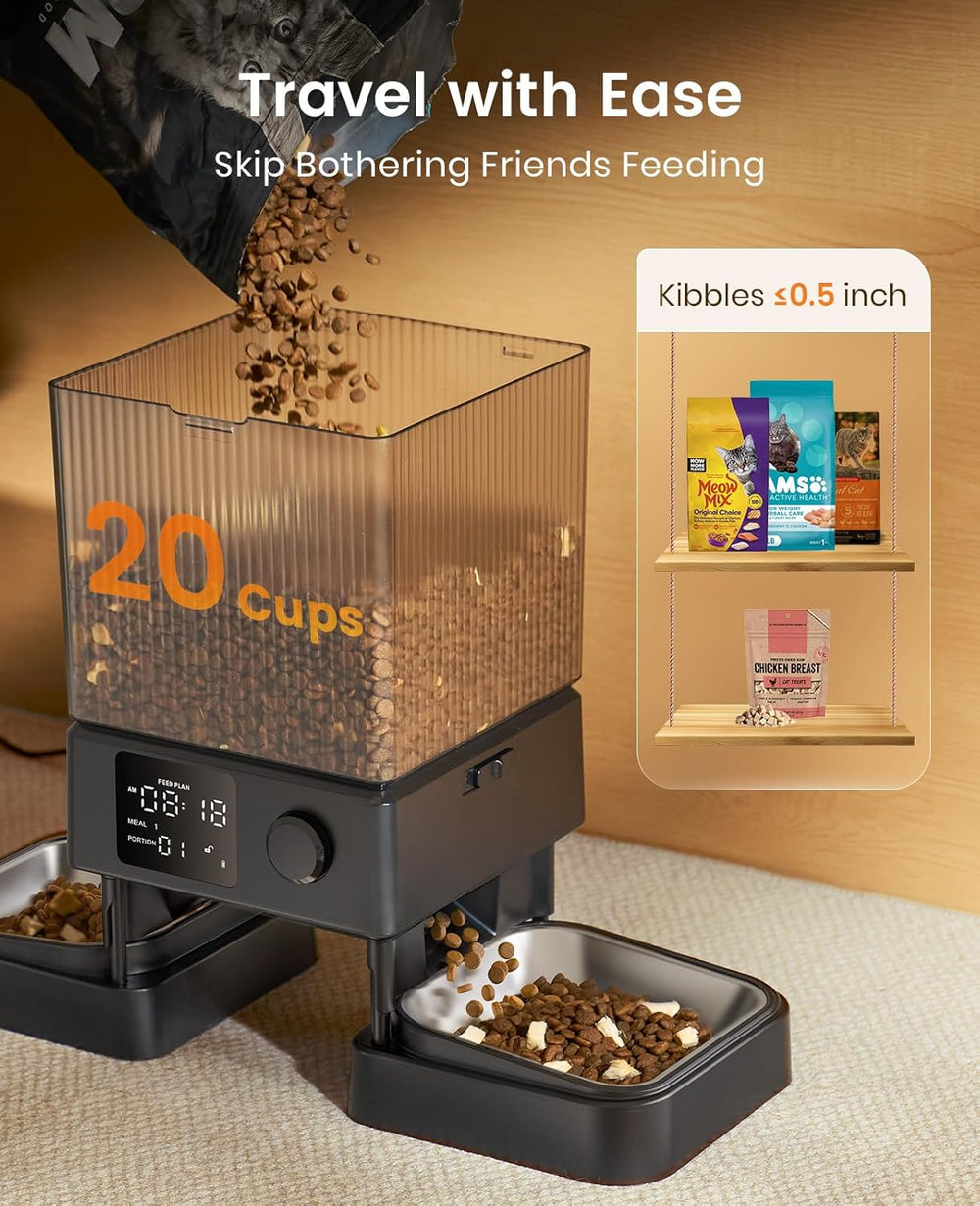 oneisall 5L Futterautomat Katze 2 Napfe, Katzenfutter Automat mit einem Knopf, Einfache Bedienung, Futterspender für Katzen/Hunde, mit Edelstahlschüssel, Voice Recorder, for small/mittlere Haustiere