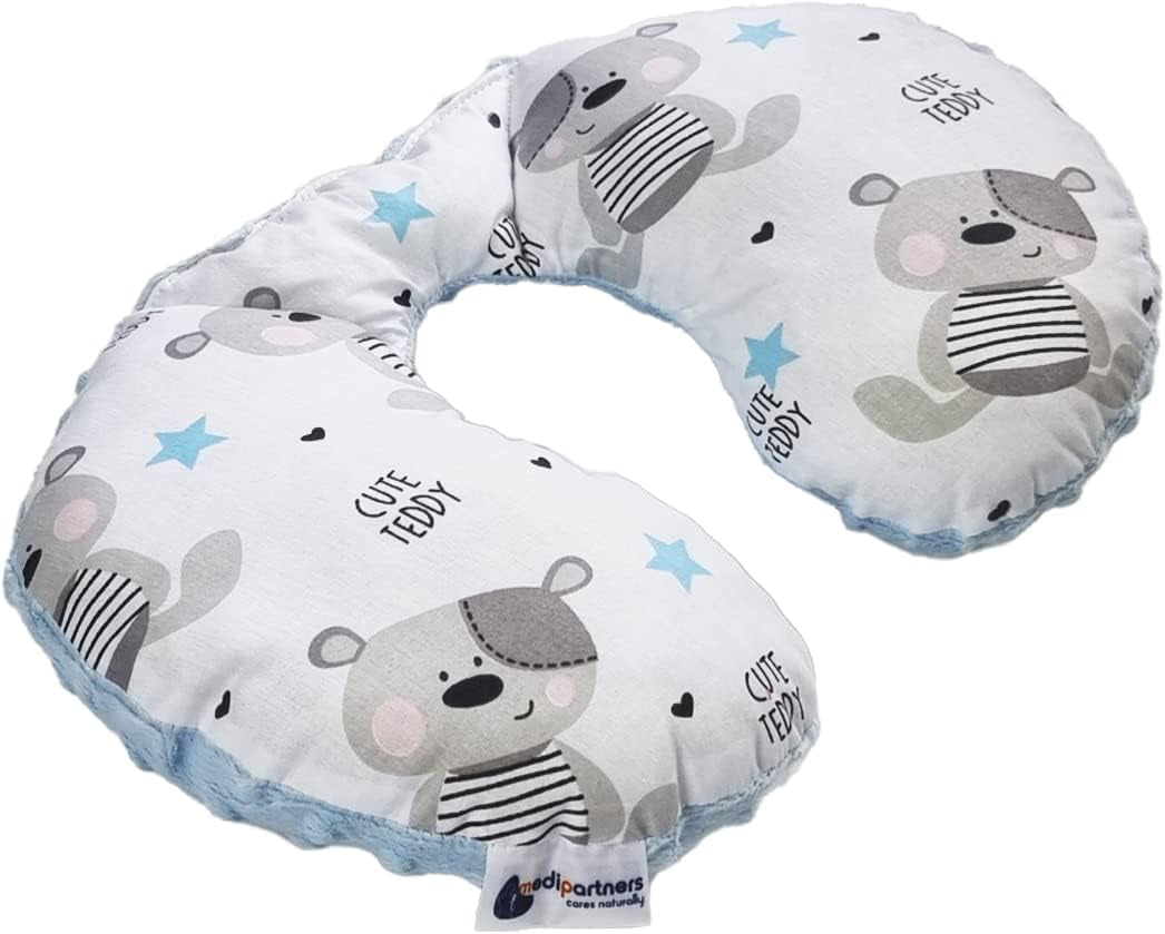 Medi Partners Oreiller cervical pour bébé 100 % coton / Minky Oreiller cervical pour voiture, poussette, voyage, sommeil, oreiller cervical Snooze Roll (REH avec Minky gris) Oreillers cervicaux orthopédiques Naty Shop Bleu clair Minky Teddy Bear