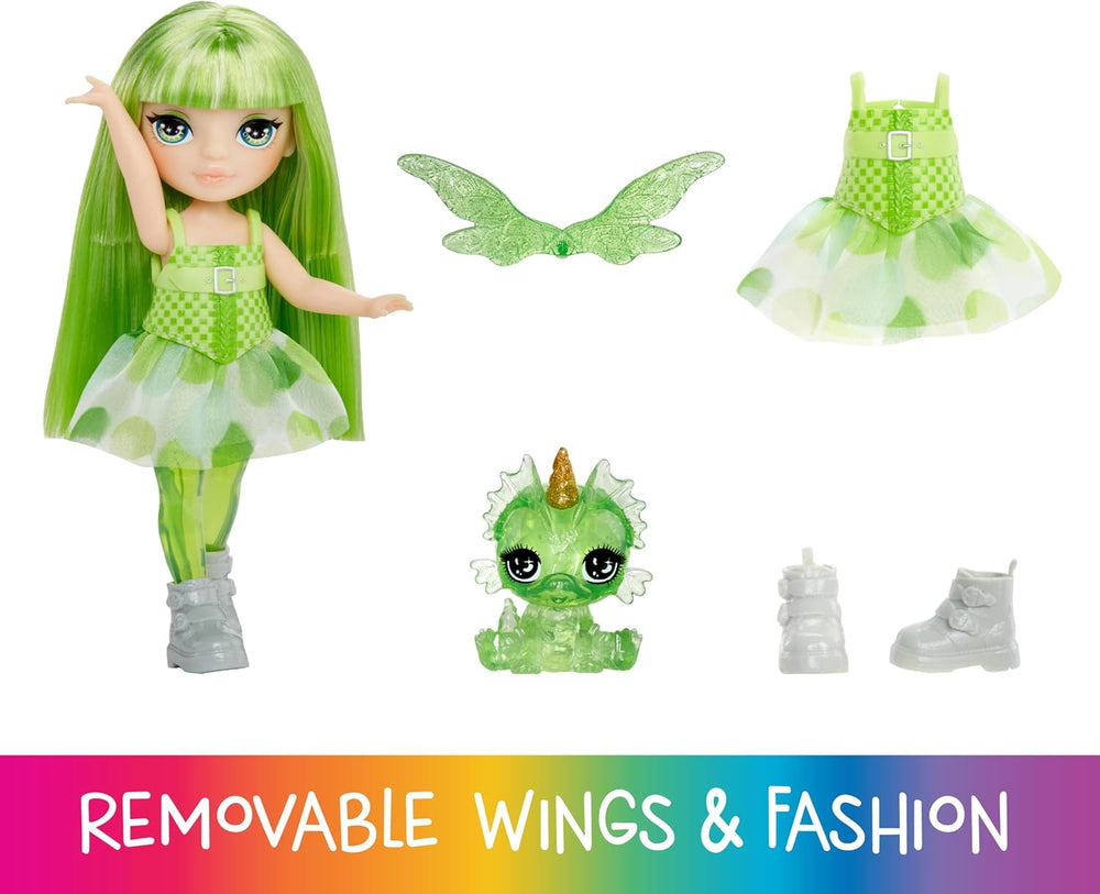Rainbow High Littles Rainbow Fantasy Fairy and Pet - Émeraude, Vert - Petite poupée de dragon fantastique articulée de 14 cm avec ailes de fée interchangeables, joli cadeau pour les enfants à partir de 4 ans