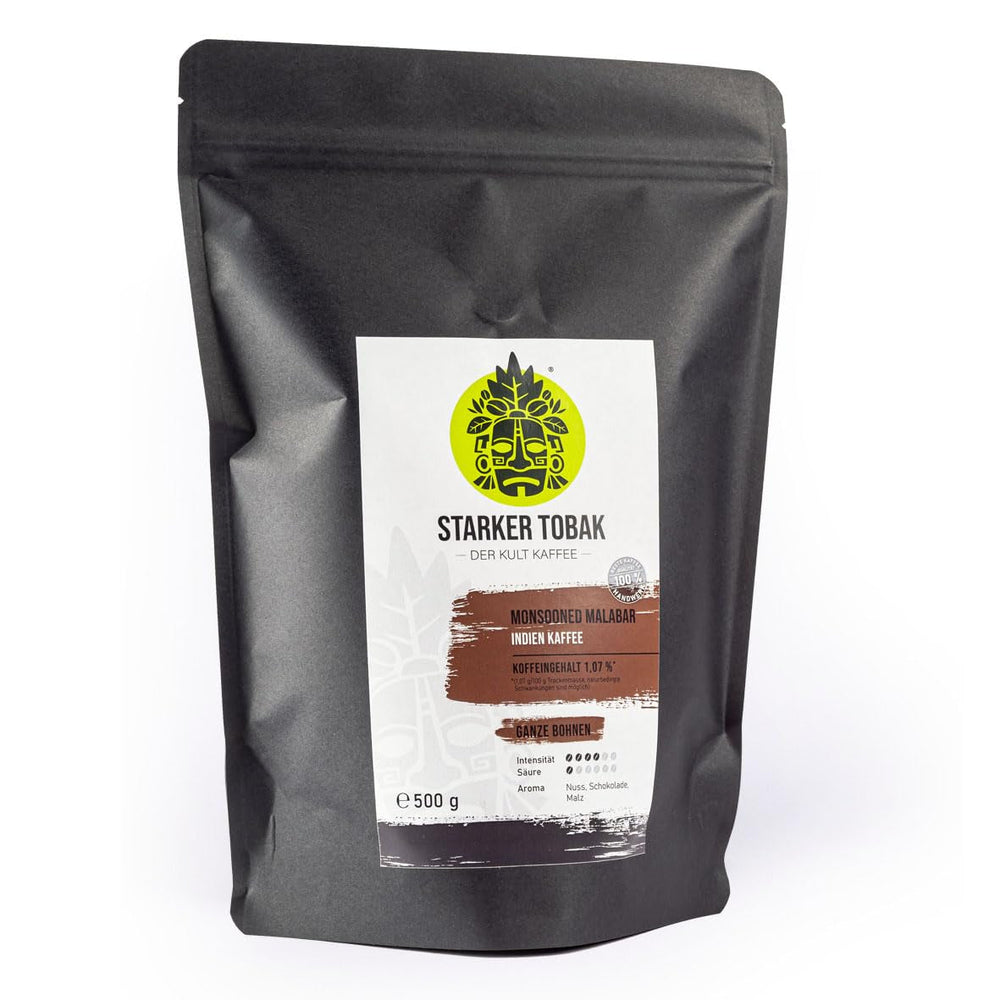 Cafea STARKER TOBAK Monsooned Malabar, boabe întregi, prăjite manual - prăjire medie, India, 100% Arabica, potrivită pentru cafea filtrată, presă franceză, aparate de cafea complet automate, delicată cu stomacul - aciditate deosebit de scăzută