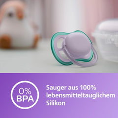 Sucettes Philips AVENT ultra air - Sucettes légères et respirantes pour bébés âgés de 0 à 6 mois, sans BPA, avec étui de transport comme stérilisateur, paquet de 2, modèle SCF085/24