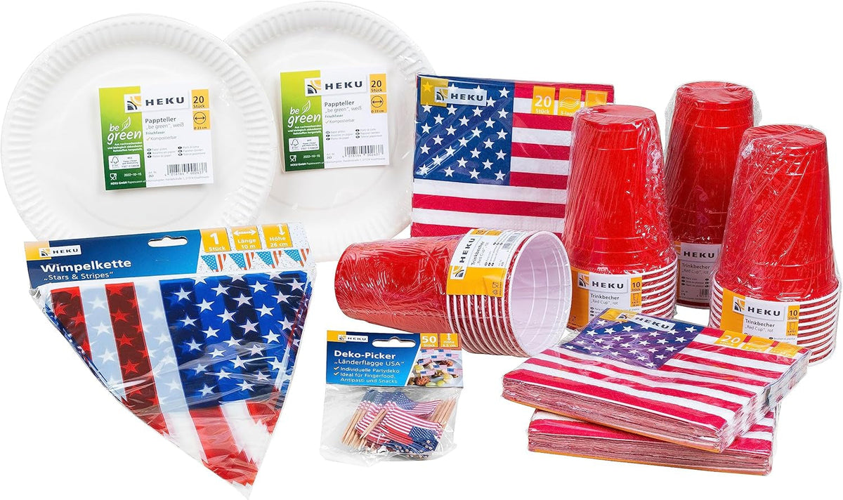HEKU 191 pièces. USA Party Set I Assiettes en Carton Ø23Cm, Gobelets Rouges, Serviettes 3 Épais 33X33Cm, Sélecteur de Décoration, Chaîne Fanion 10M I Parfait pour les soirées à thème et les fêtes nationales