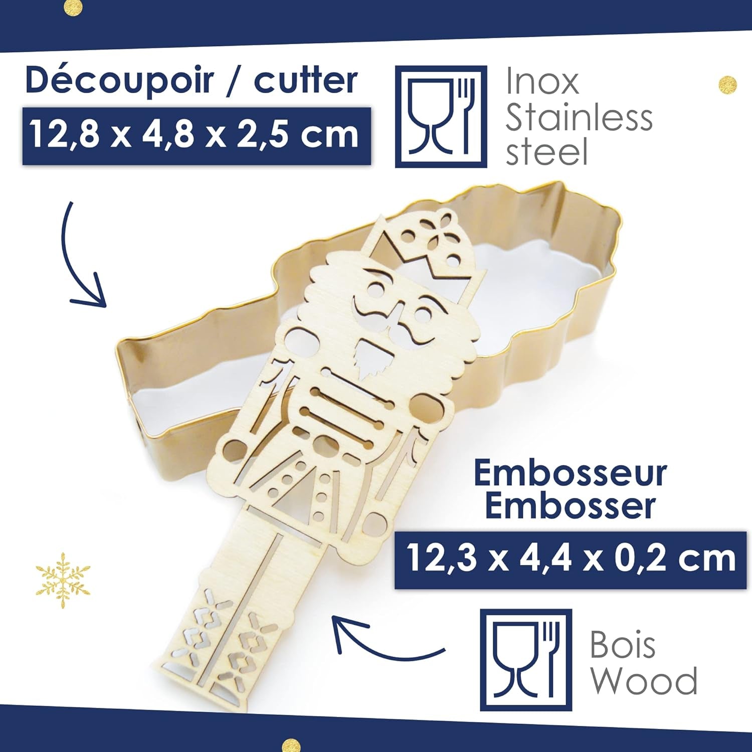ScrapCooking - Set d'Emporte-pièces + Embosseur Casse-Noisette en Bois - Emporte-pièce de Noël en Acier Inoxydable pour Biscuits en Relief - Accessoire de Moule de Cuisson Sablé - Couleur Or - 2097