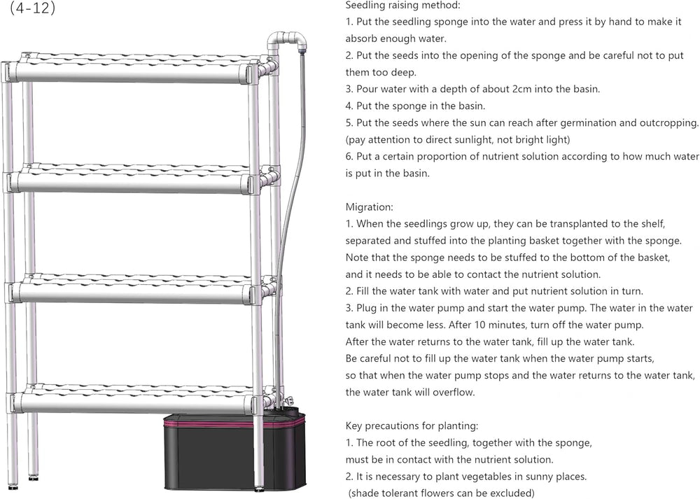 Kit de culture hydroponique avec 108 emplacements de plantation, 4 niveaux avec pompe à eau. Système hydroponique composé de tuyaux en PVC-U de qualité alimentaire pour légumes de maison, de balcon, de jardin et de balcon.