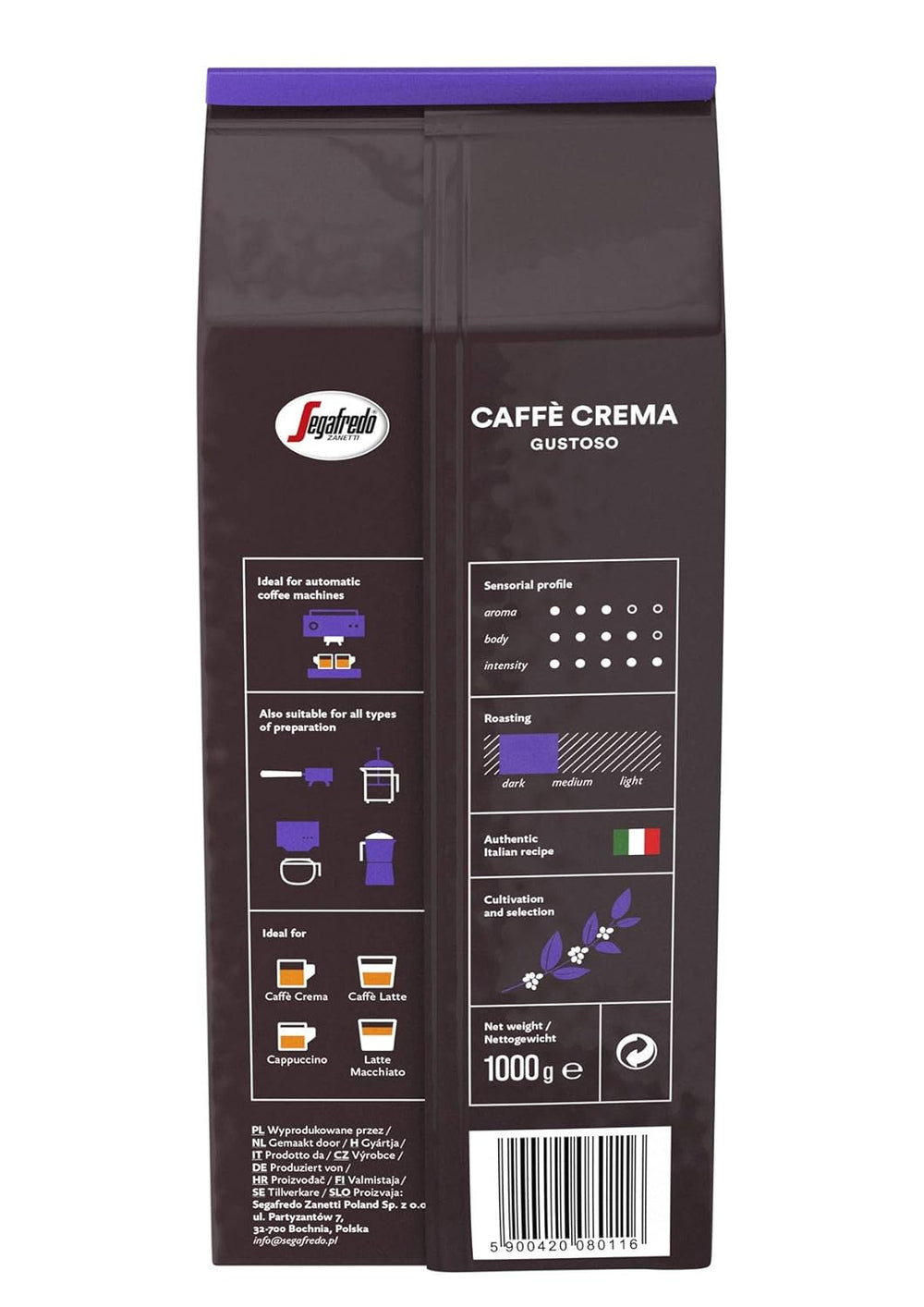 Segafredo Zanetti Caffè Crema Gustoso - Grains entiers (Pack de 1 kg) - Convient pour Caffè Crema - Grains de café torréfiés longuement et foncés, saveur pleine et intense (Pack de 2)